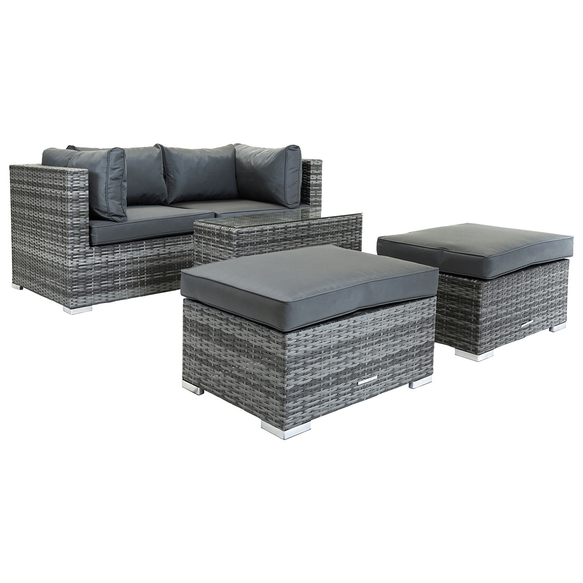 Rattan Love Seat Table And Foot Stools Grey