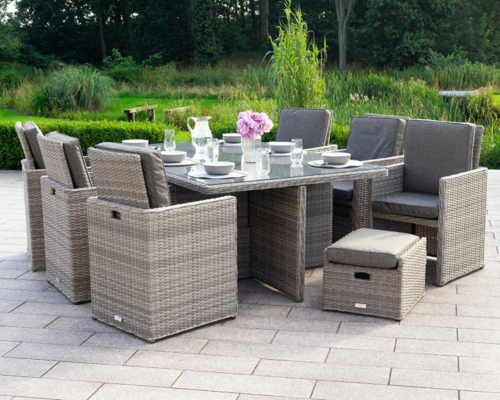 6 Seat Rattan Garden Cube Dining Set in Grey with 6 Footstools