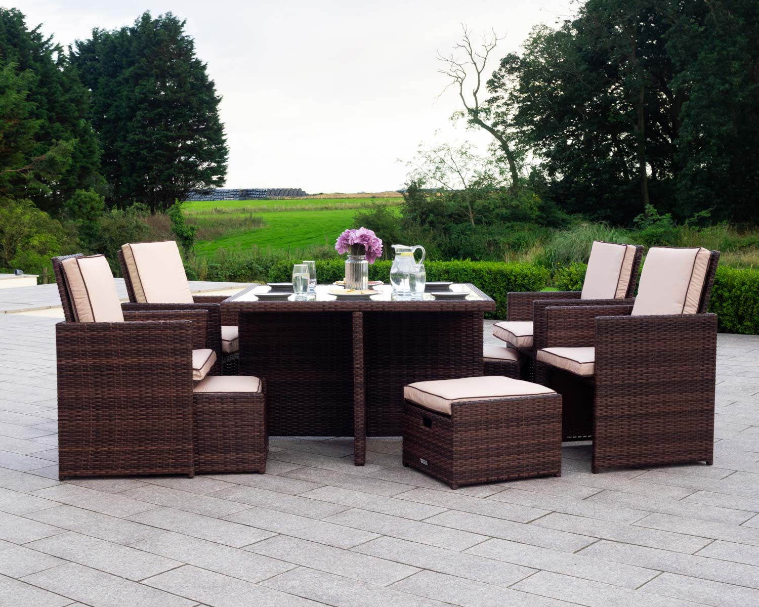 4 Seat Rattan Garden Cube Set in Brown with 4 Footstools - Barcelona