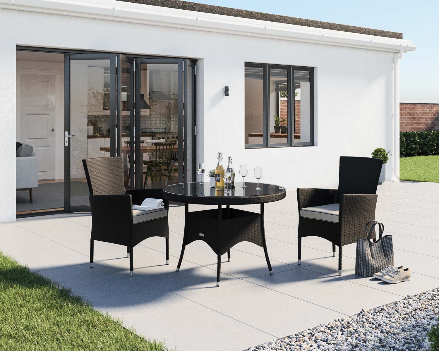 2 Seat Rattan Garden Dining Set With Small Round Table in Black & White