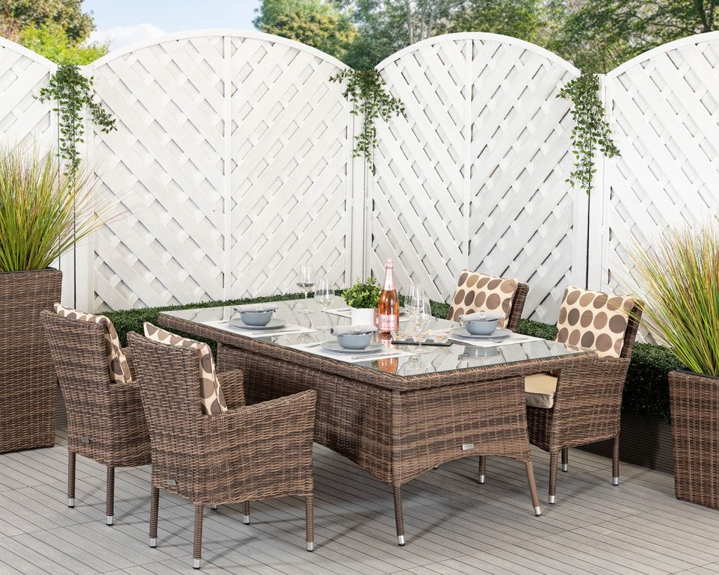 Rectangular Rattan Garden Dining Table & 4 Stackable Chairs in Brown