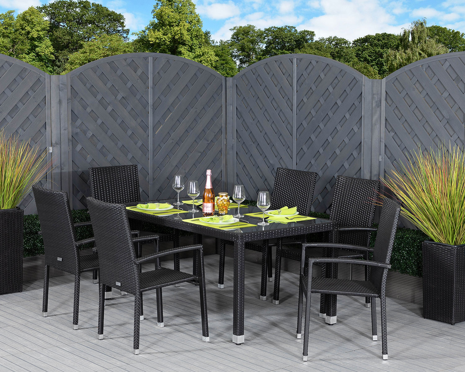 6 Seat Rattan Garden Dining Set With Rectangular Table in Black - Rio