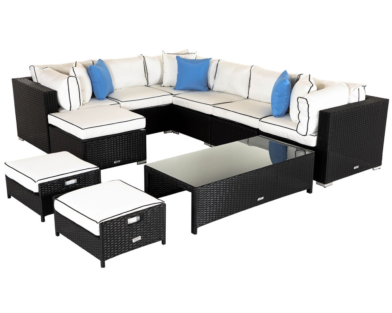 Rattan Garden Corner Sofa Set in Black with White Cushions - Geneva