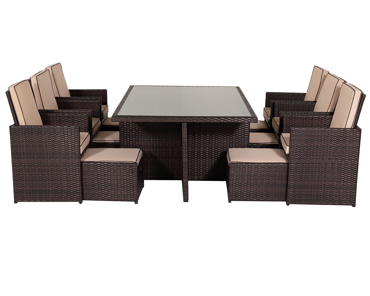 6 Seat Rattan Garden Cube Dining Set in Brown with Footstools