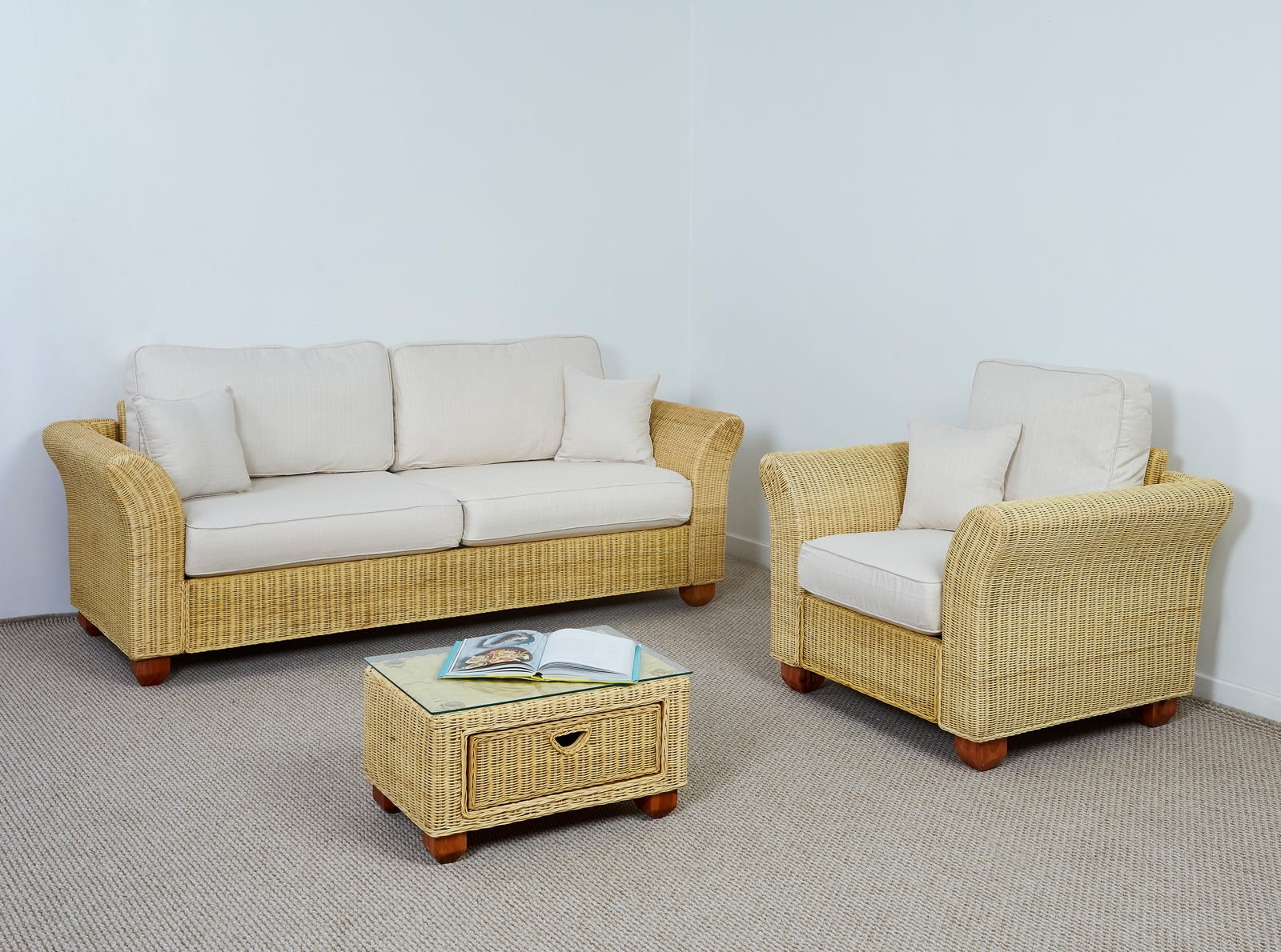 3 Seater Conservatory Wicker Sofa Set in Oatmeal - Kingston - Rattan