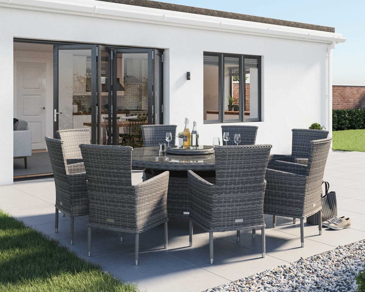 8 Seat Rattan Garden Dining Set With Large Round Dining Table in Grey