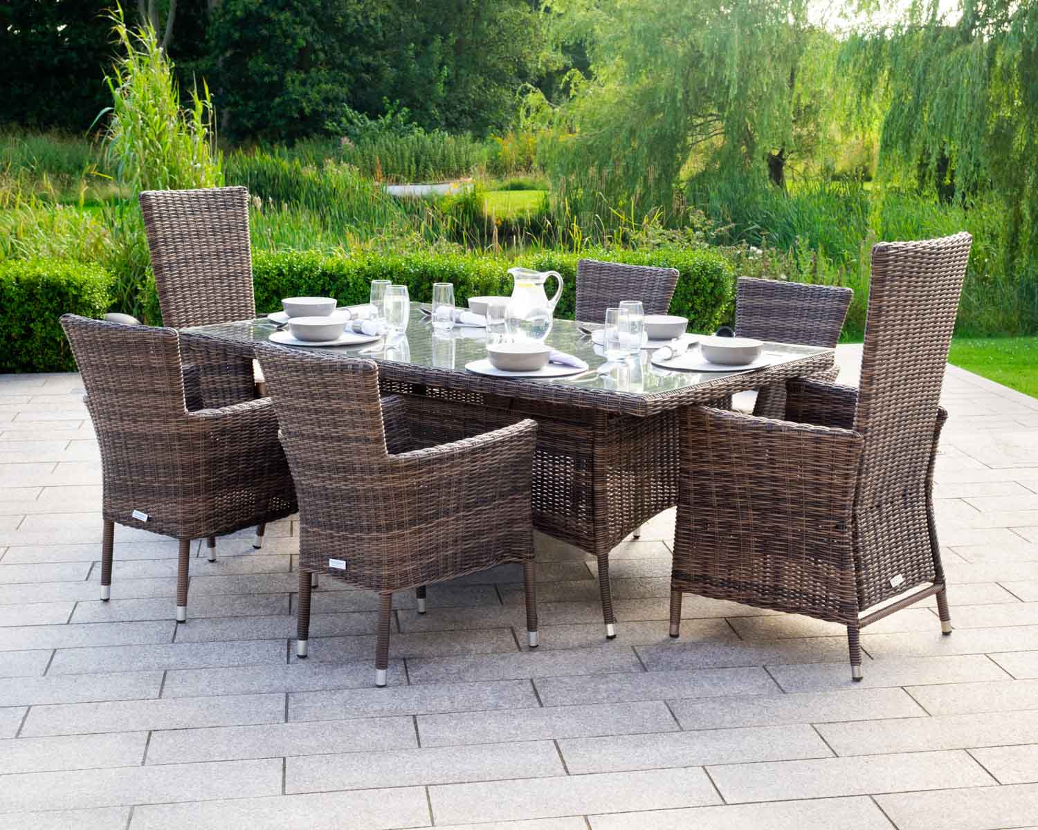 Rectangular Rattan Garden Dining Table & 6 Chairs Set in Truffle Brown