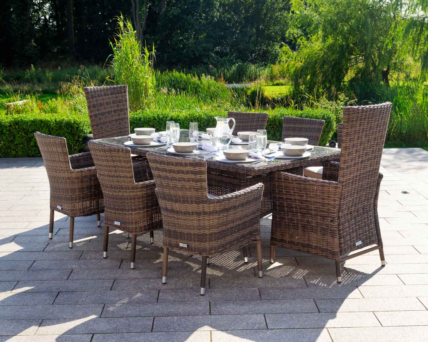 Rattan Garden Dining Table & 8 Chairs in Truffle Brown & Champagne