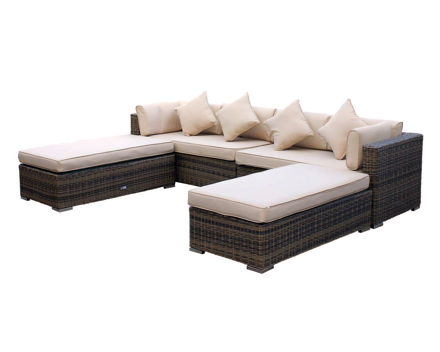 Rattan Garden Day Bed Sofa Set in Truffle Brown & Champagne Monaco