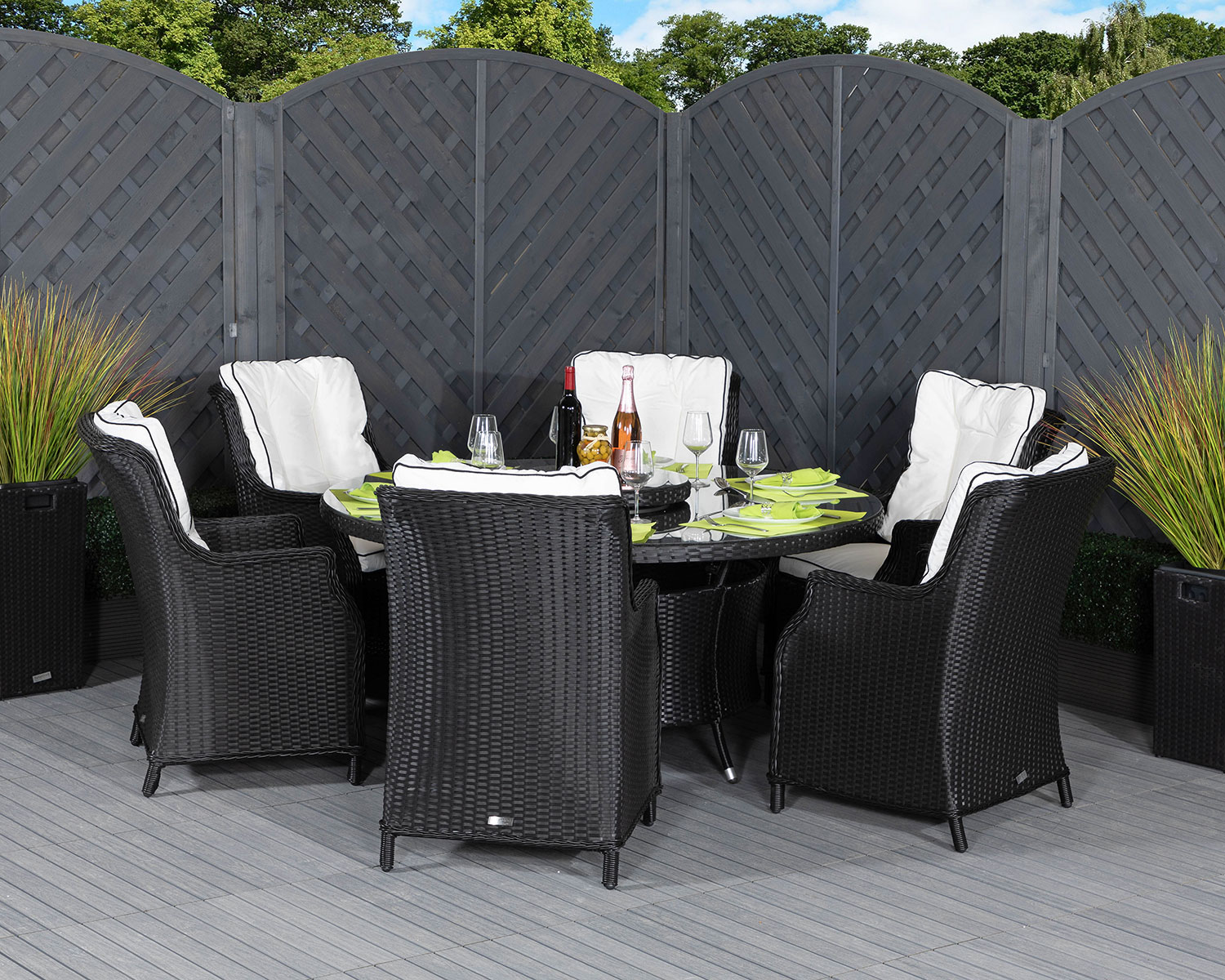 Large Round Rattan Garden Table & 6 Chairs in Black & White - Riviera