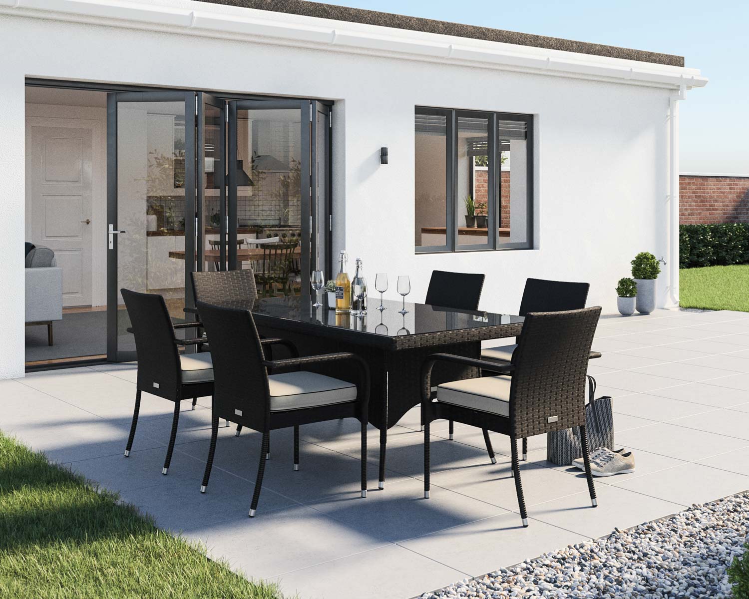 6 Seat Rattan Garden Dining Set With Rectangular Dining Table in Black