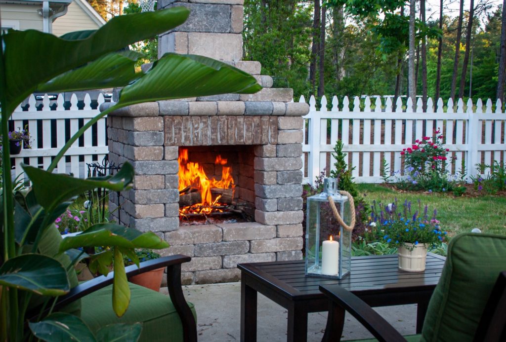 Outdoor patio with fireplace