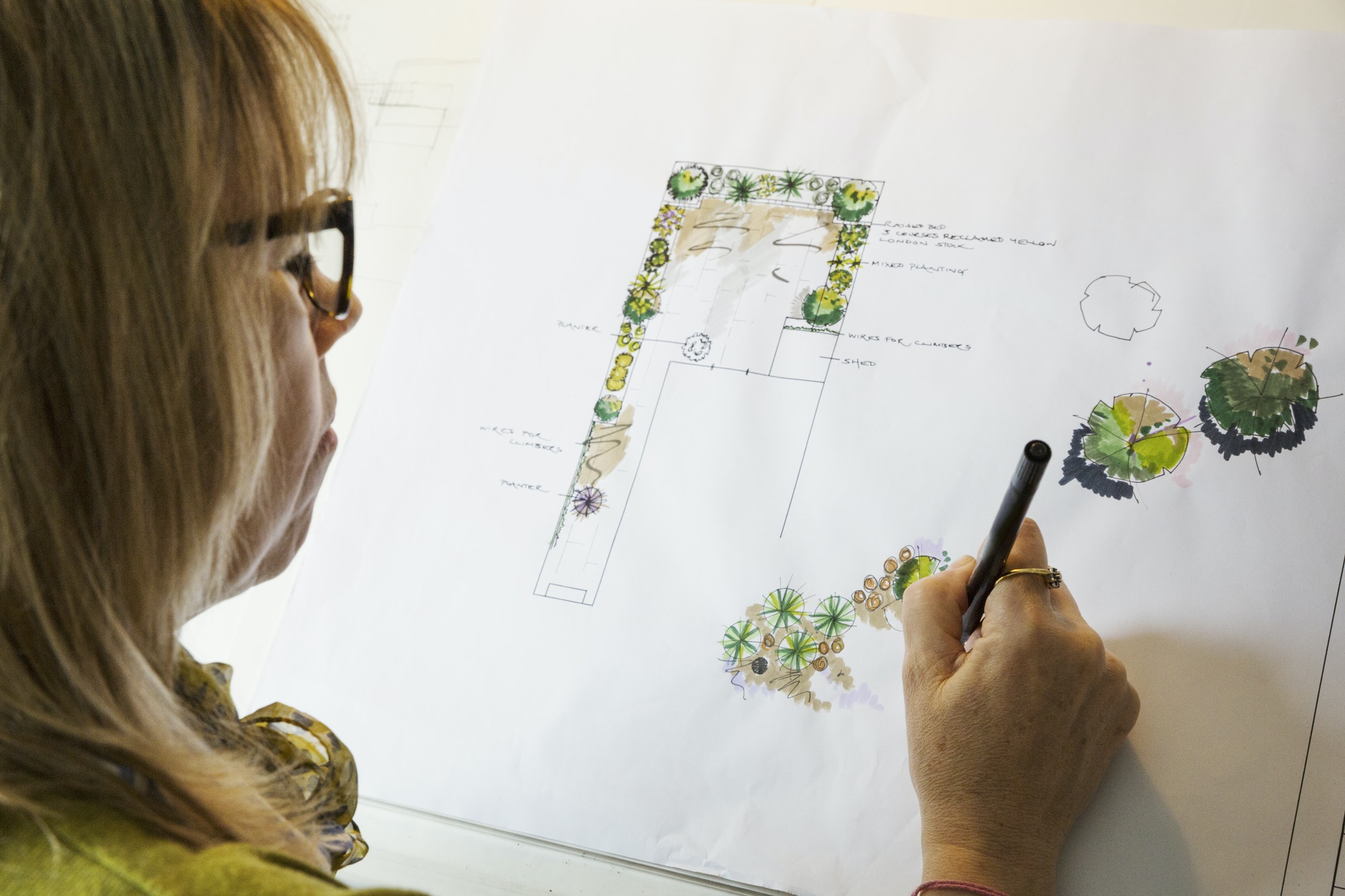 Over the shoulder view of womanat a drawing board, drawing with a fineliner, designing a garden.