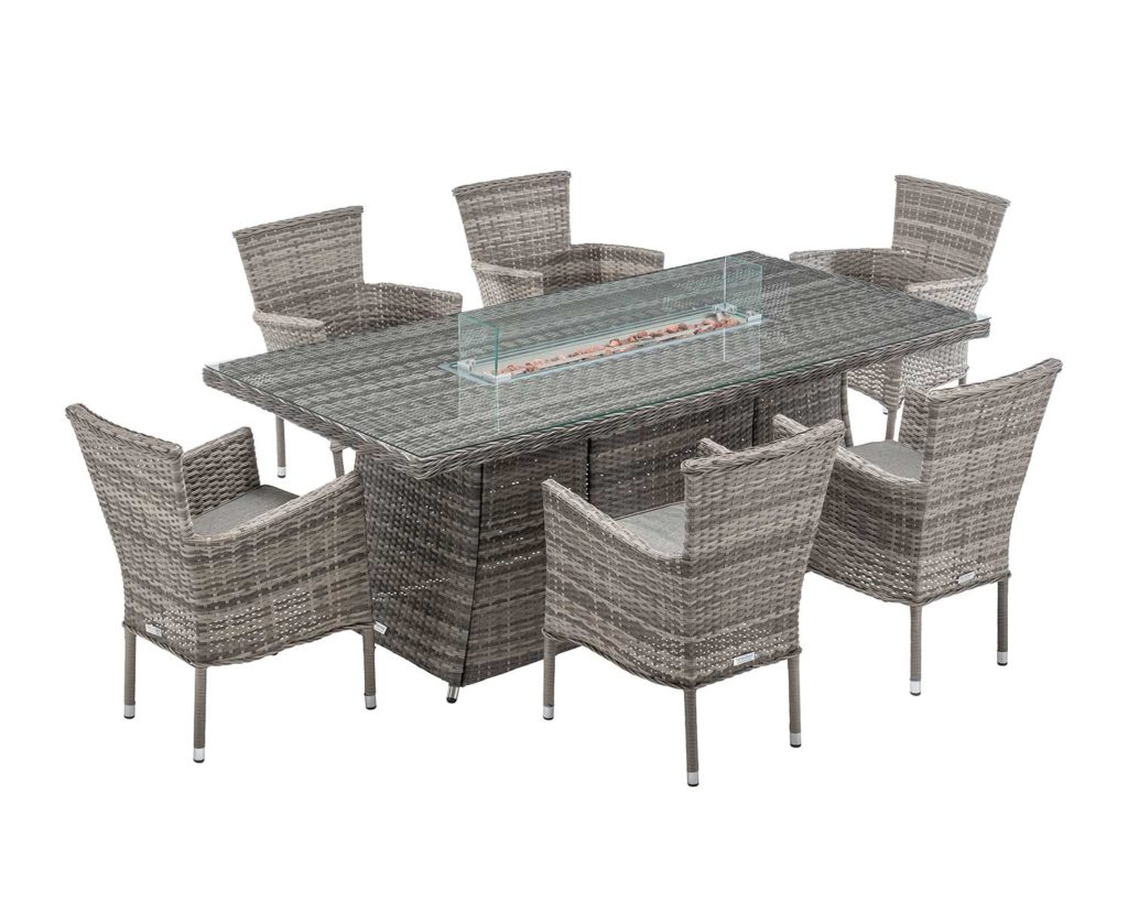 6 Seater Rattan Garden Dining Set With Round Table in Grey With Fire