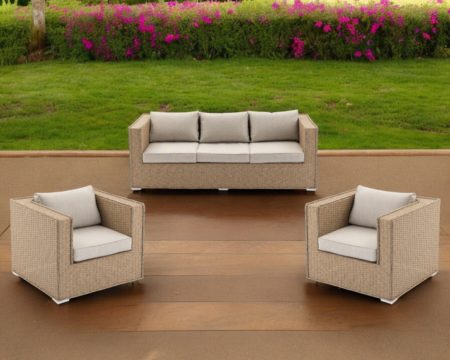 3 Seater Rattan Garden Sofa with Armchairs in Willow - Ascot - Rattan Direct