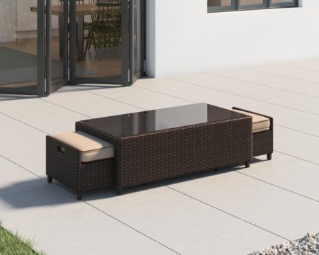 Ascot Rattan Garden Coffee Table with 2 Footstools in Brown - Rattan Direct