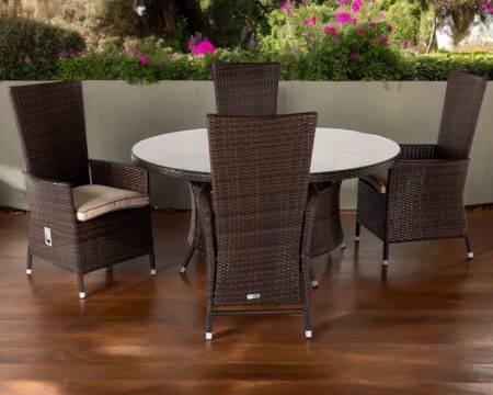 4 Rattan Reclining Chairs & Large Round Table Set in Brown - Cambridge - Rattan Direct