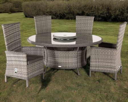 4 Rattan Reclining Chairs & Large Round Table Set in Grey - Cambridge - Rattan Direct