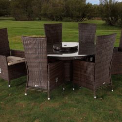 6 Reclining Rattan Garden Chairs & Large Round Table Set in Brown - Cambridge - Rattan Direct