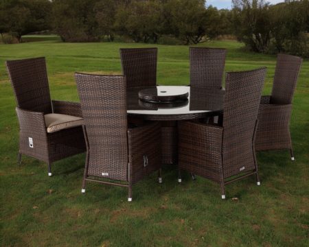 6 Reclining Rattan Garden Chairs & Large Round Table Set in Brown - Cambridge - Rattan Direct