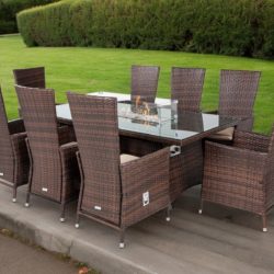 Cambridge 8 Reclining Chairs & Rectangular Fire Pit Table Set in Brown - Cambridge - Rattan Direct