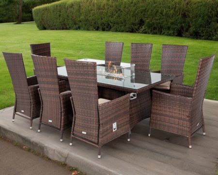 Cambridge 8 Reclining Chairs & Rectangular Fire Pit Table Set in Brown - Cambridge - Rattan Direct