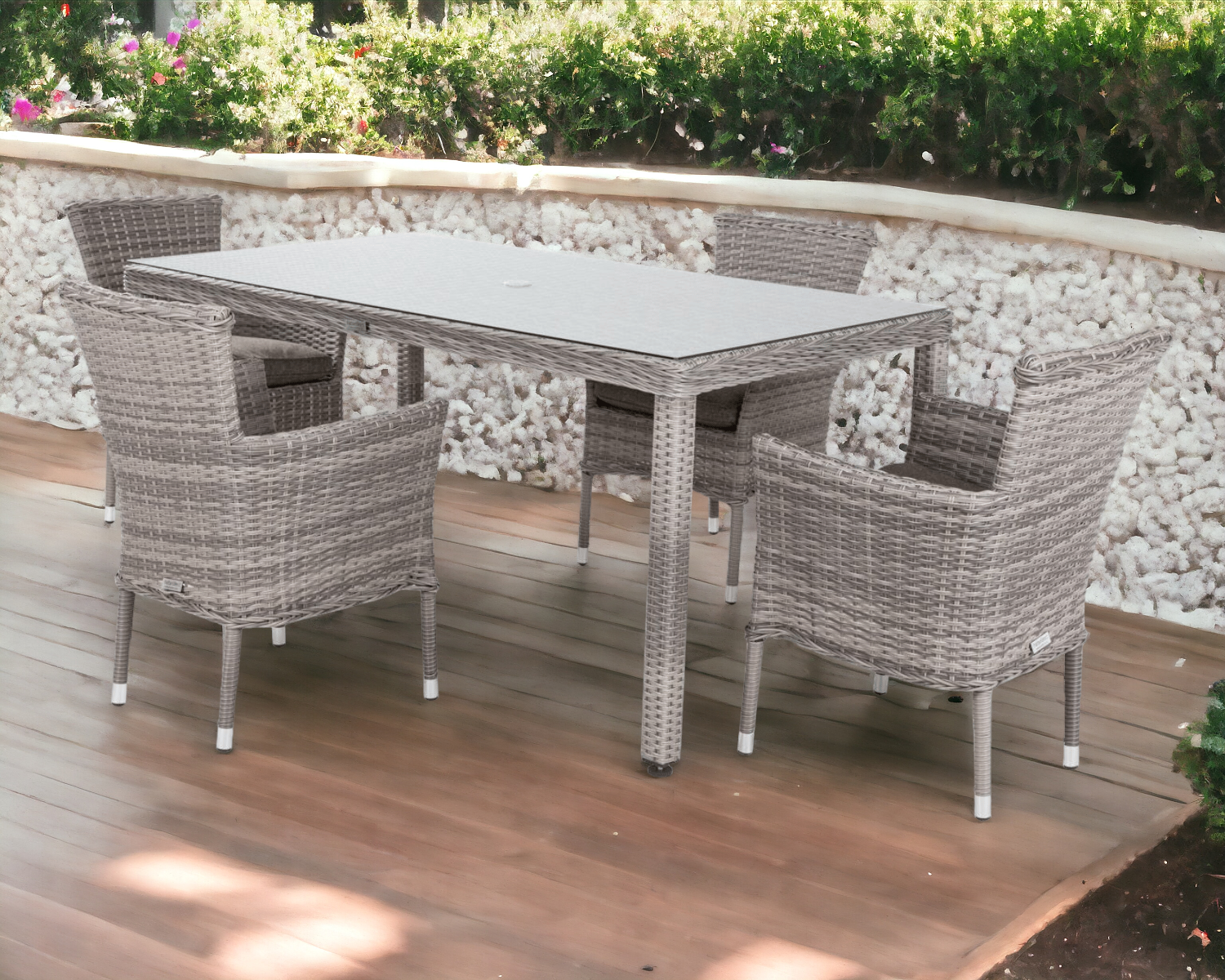 4 Stackable Chairs & Rectangular Open Leg Rattan Garden Dining Table in Grey - Cambridge - Rattan Direct