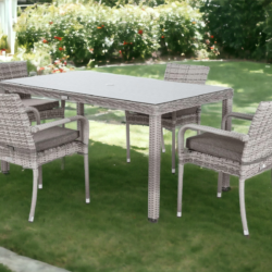 4 Stackable Rattan Garden Chairs & Rectangular Open Leg Dining Table in Grey - Roma - Rattan Direct