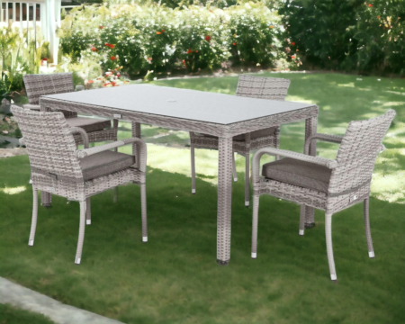 4 Stackable Rattan Garden Chairs & Rectangular Open Leg Dining Table in Grey - Roma - Rattan Direct