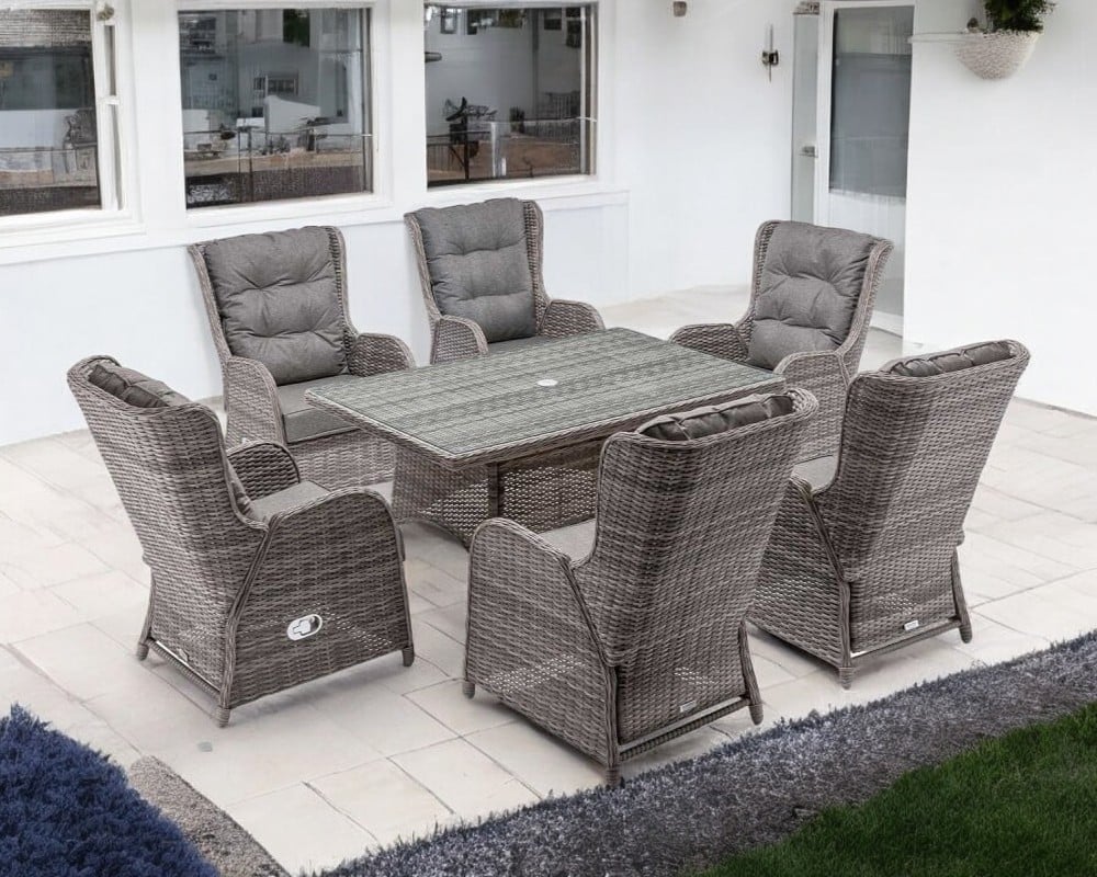6 Reclining Rattan Garden Dining Chairs & Rectangular Table in Grey - Fiji - Rattan Direct 1 6 Reclining Rattan Garden Dining Chairs & Rectangular Table in Grey - Fiji - Rattan Direct