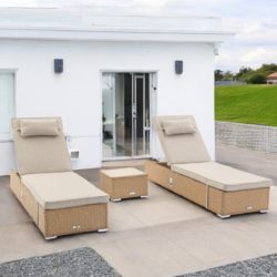 Rattan Garden Sun Lounger Set in Willow - 2 Loungers, 1 Table - Miami - Rattan Direct