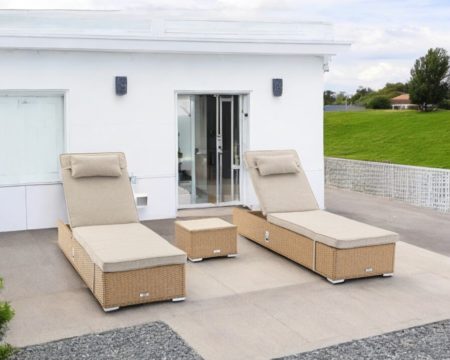 Rattan Garden Sun Lounger Set in Willow - 2 Loungers, 1 Table - Miami - Rattan Direct