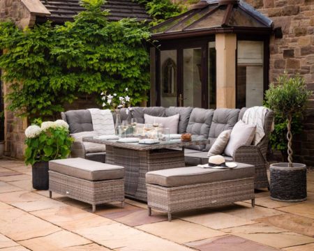Rattan Garden Reclining Corner Sofa Set with Rectangular Fire Pit Dining Table in Grey - Fiji - Rattan Direct