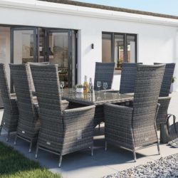 8 Reclining Chairs & Large Rectangular Dining Table Set in Grey - Cambridge - Rattan Direct