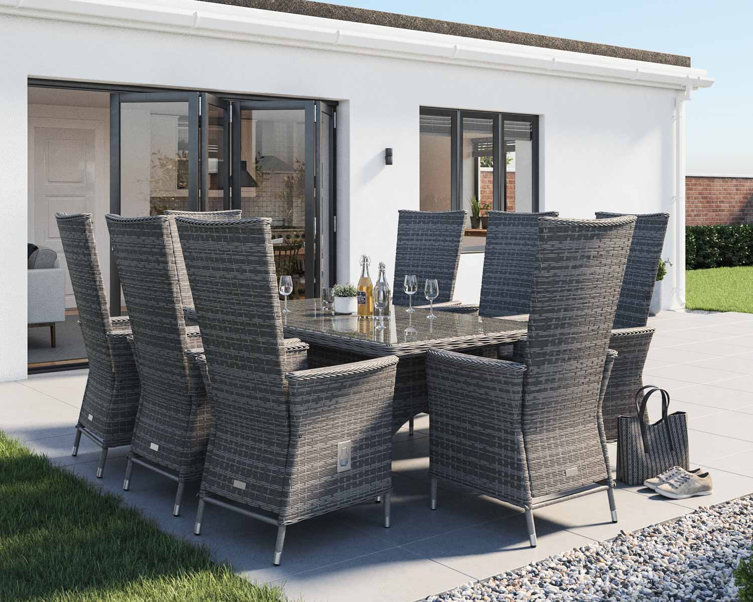 8 Reclining Chairs & Large Rectangular Dining Table Set in Grey - Cambridge - Rattan Direct
