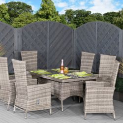 6 Reclining Chairs & Small Rectangular Rattan Garden Dining Table Set in Grey - Cambridge - Rattan Direct