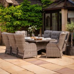 Reclining Rattan Garden Dining Set with 8 Chairs & Large Rectangular Table in Grey - Fiji - Rattan Direct